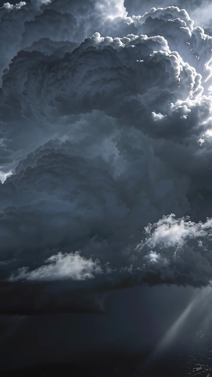 Video verticale: Nuvola cumulonembo che si illumina da destra nel cielo, proiettando raggi e la sua base.