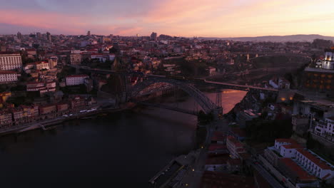 Drone view of Porto’s bridges at sunrise