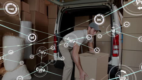 animation of network of connections over caucasian delivery man loading boxes into van