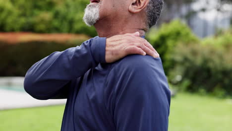 senior man, shoulder and pain with hand