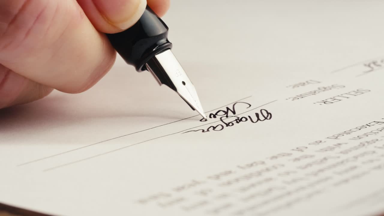 Close-up of Hand Signing a Document with a Fountain Pen