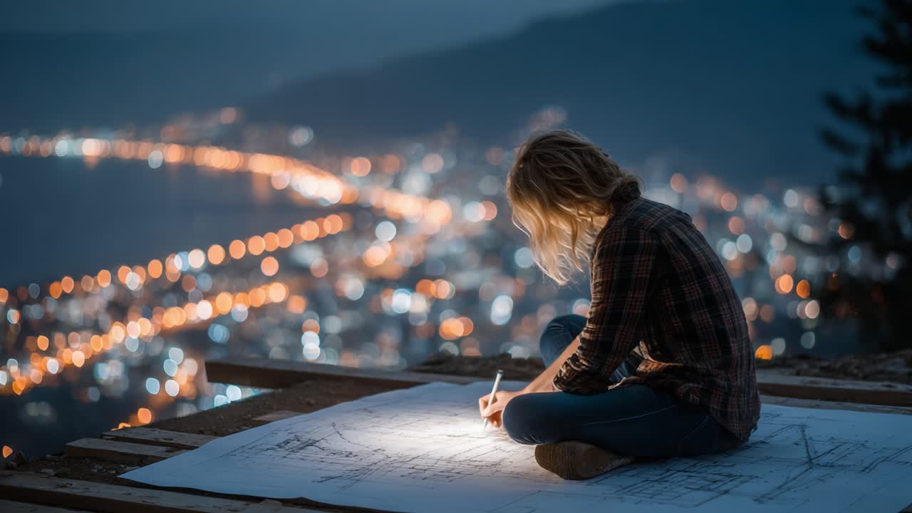 A Young Artist Creates a Majestic Design Under the Night Sky, Illuminated by the City Lights in the Background, Combining Nature and Creativity in Harmony