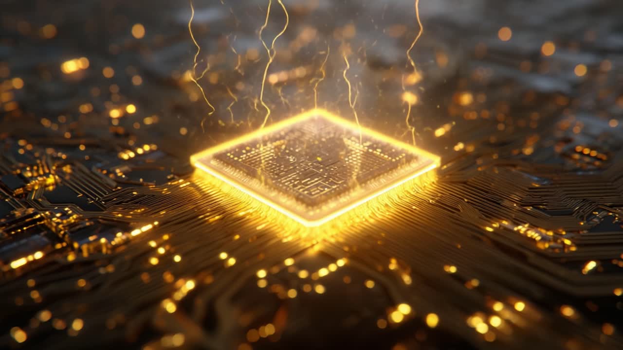 Central computer processor unit emitting glowing energy and electrical impulses while processing big data, representing innovation in artificial intelligence and future technology concepts