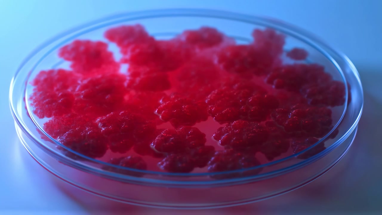 Grappoli arrotondati e texturizzati rimangono immobili all'interno di un piatto trasparente e poco profondo, mentre l'illuminazione colorata cambia gradualmente da un magenta e rosso tenui a un blu saturo attraverso la composizione ravvicinata.