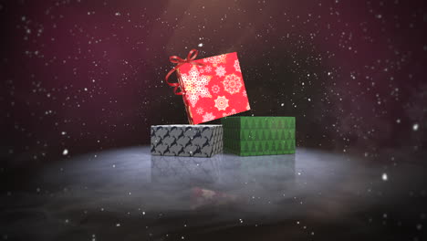 animated closeup christmas gift boxes on snow and shine background 2
