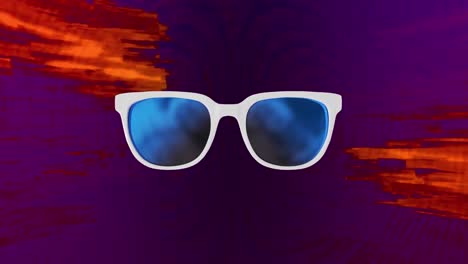 Animación-De-Gafas-De-Sol-Y-Patrones-Abstractos-Moviéndose-Sobre-Fondo-Morado