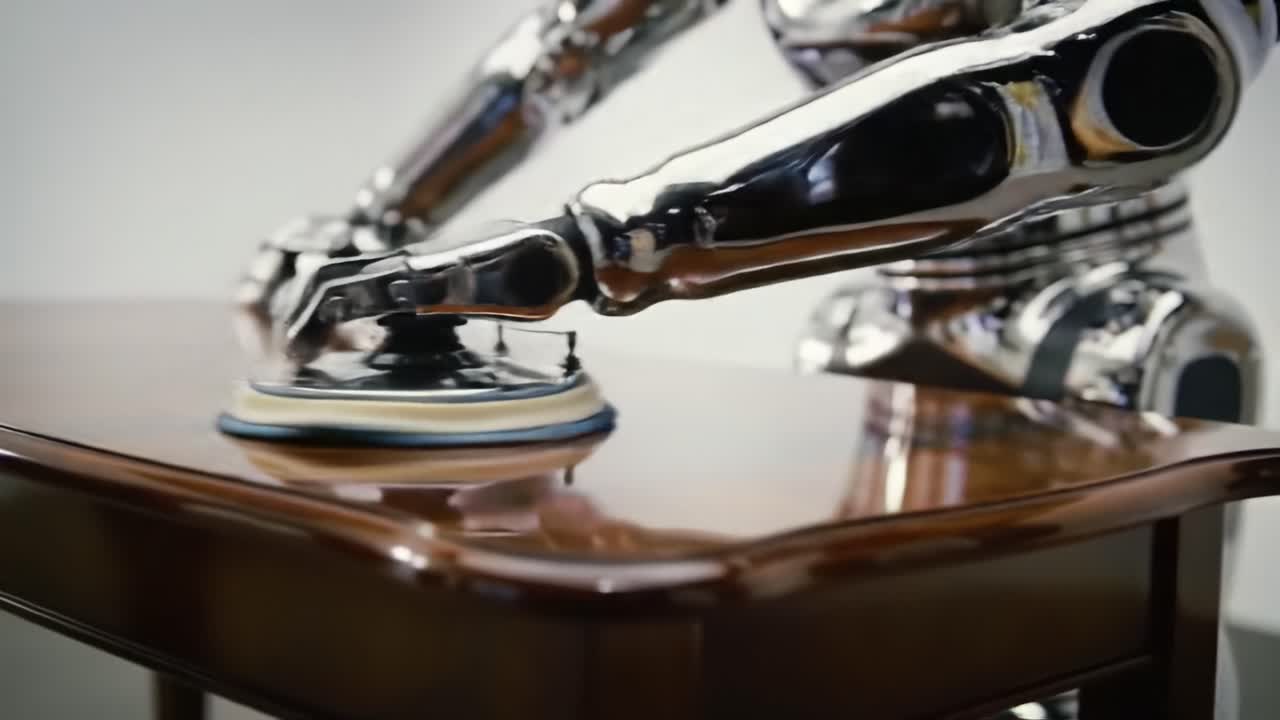 A Robotic Arm Expertly Polishing a Wooden Surface: Showcasing Precision and Advanced Technology in Robotics and Home Care
