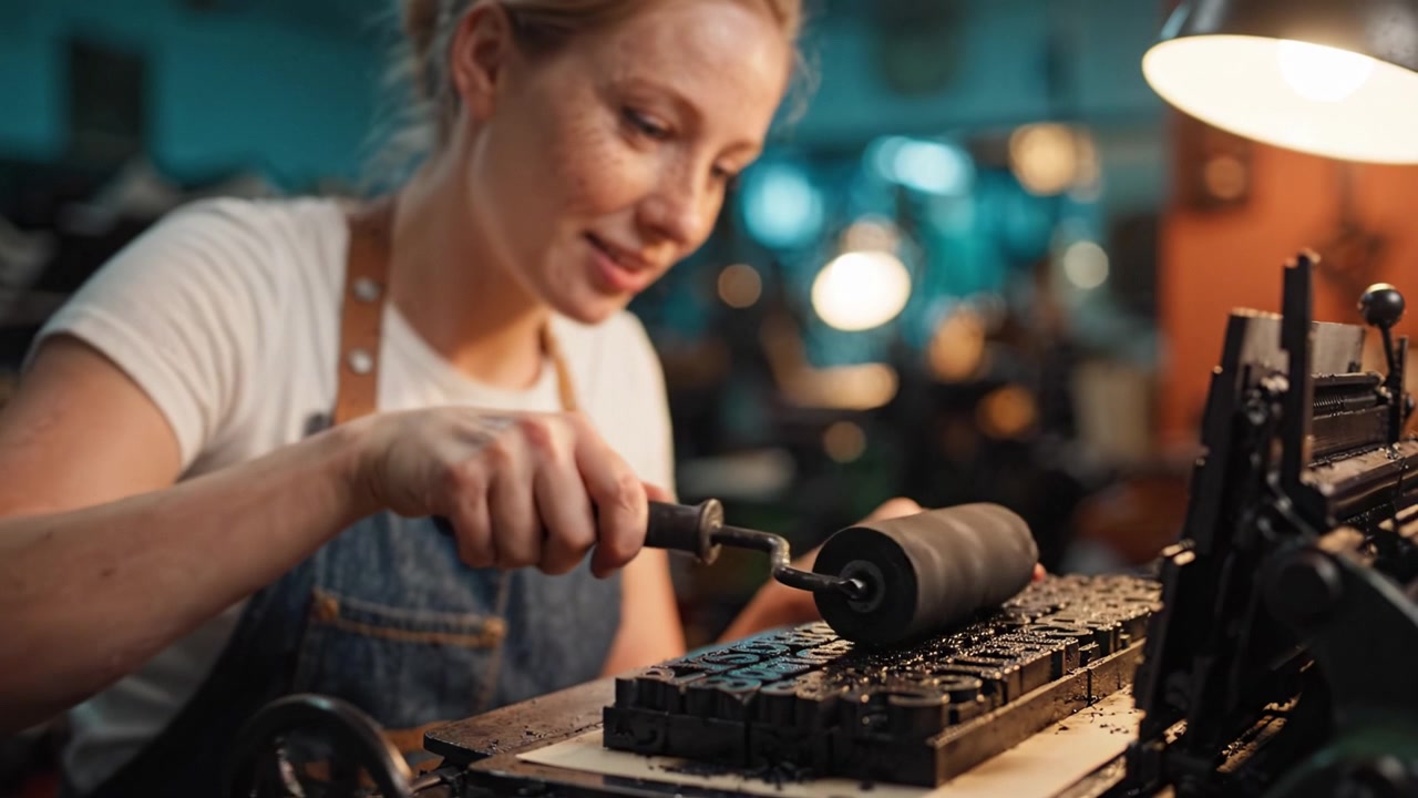 En dyktig håndverker setter entusiastisk bokstaver på en vintage trykkpresse, viser frem håndverk og lidenskap for typografi i et verkstedmiljø