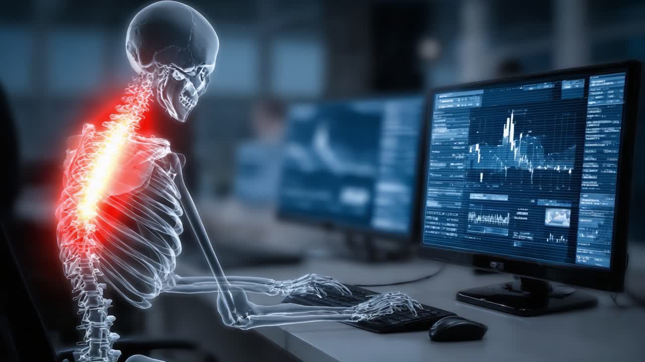 Et computergenereret skelet, der analyserer data på flere skærme, fremhæver rygsøjlens sundhed og kropsholdning i et avanceret digitalt arbejdsområde