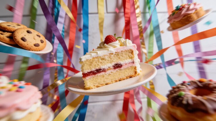 Pratos de sobremesa movendo-se com a brisa em cenário de estúdio, com um bolo de camadas no centro para uma festa.