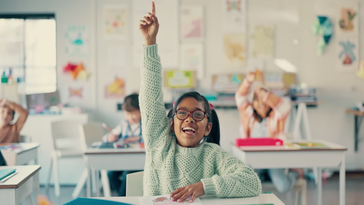Girl, child and hands for classroom questions
