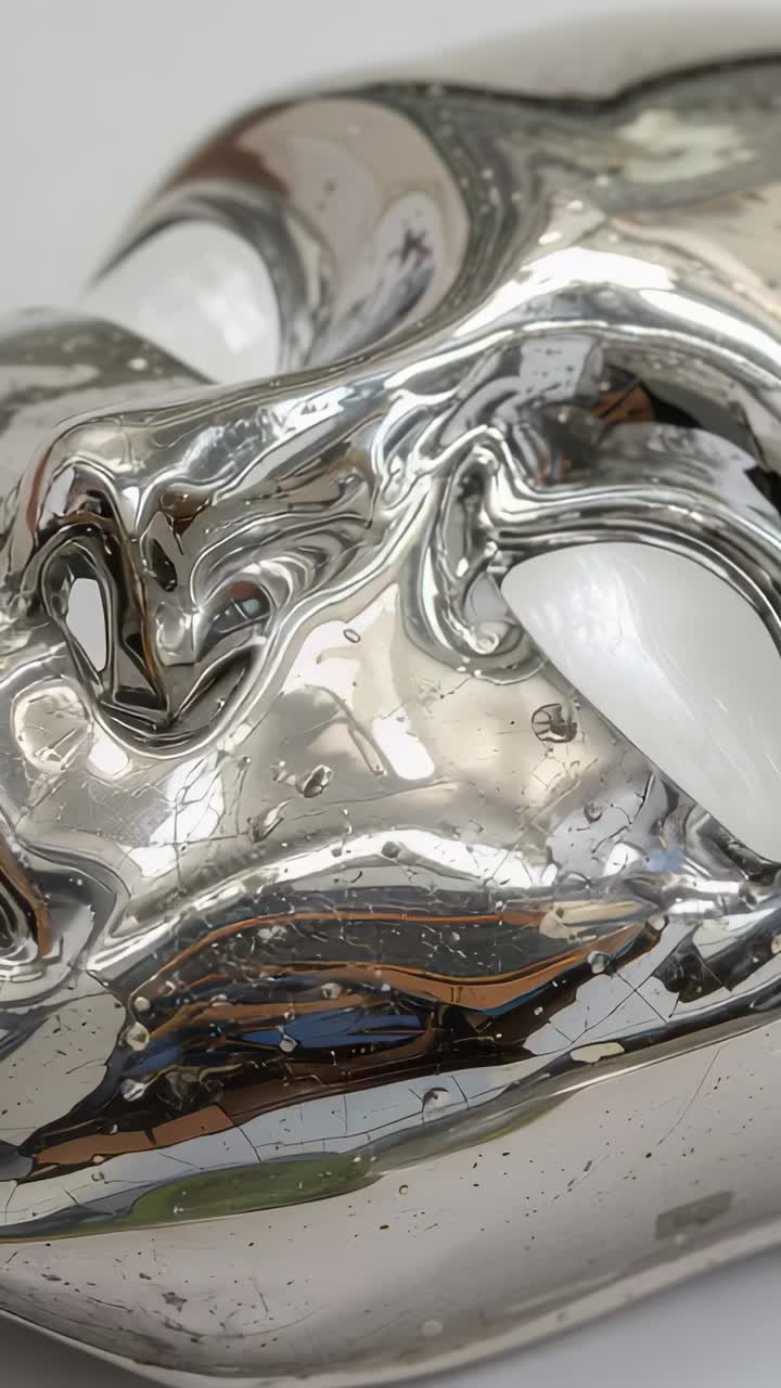 Vertical video: Panning camera over mask, highlighting inner white form and droplets on white set