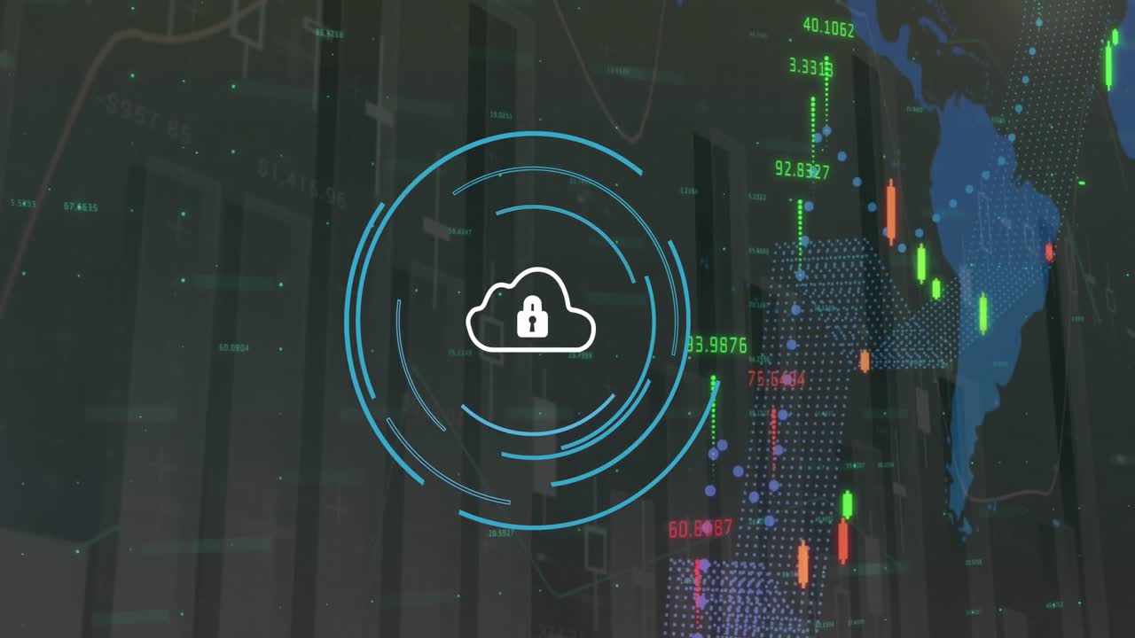 Animazione di un'icona di lucchetto di sicurezza su elaborazione di dati statistici e finanziari su sfondo grigio