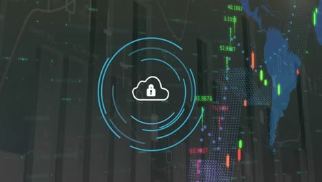 Animation-Des-Sicherheitsvorhängeschloss-Symbols-über-Der-Statistischen-Und-Finanziellen-Datenverarbeitung-Auf-Grauem-Hintergrund