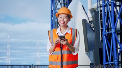 ingeniera asiática con casco de seguridad usando un teléfono inteligente y mirando a su alrededor mientras está de pie con el transbordador espacial