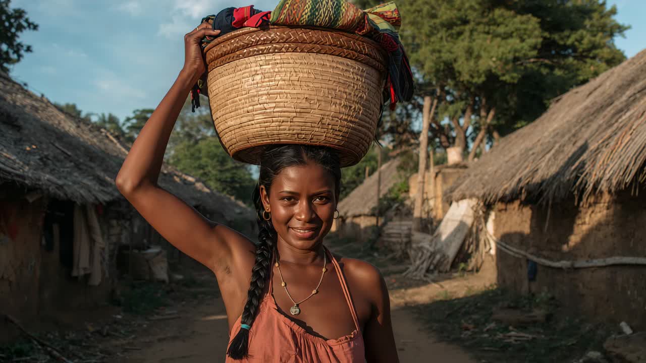 Mujer de pelo rojizo caminando y sujetando una cesta de telas coloridas sobre su cabeza, con una cámara encuadrando el camino rural