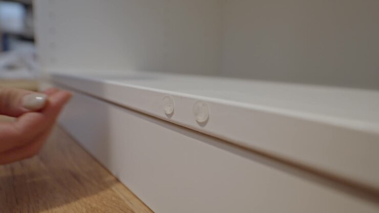 Close-up of hands sticking protective rubber bumper on white closet