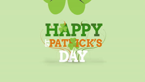 animación del feliz texto del día de san patricio con hojas de trébol sobre un fondo verde claro