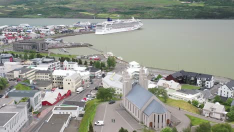 akureyi, iceland skyline with drone video moving up