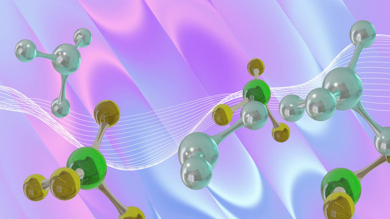 Animation of molecules moving over waving multi coloured background