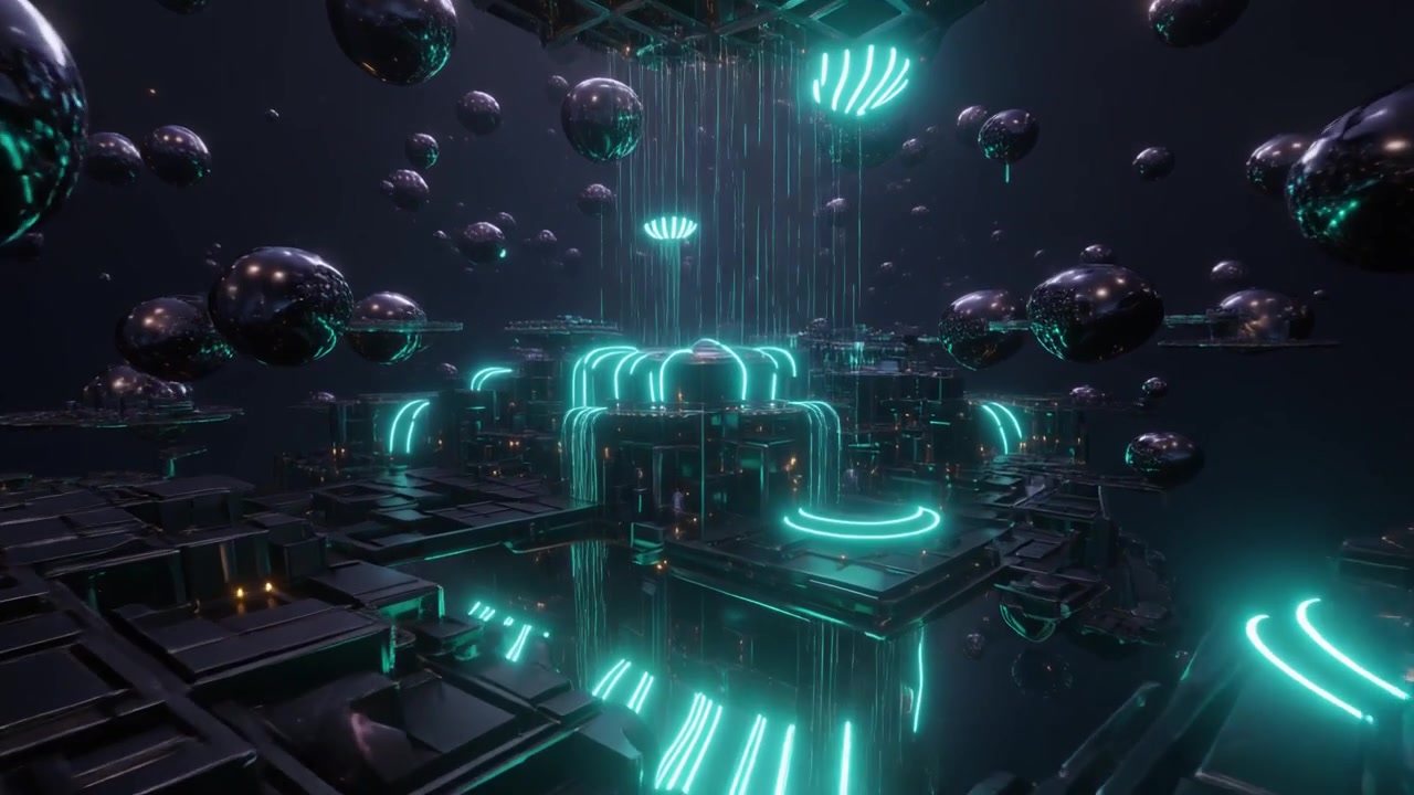 Abstract Futuristic Cityscape with Floating Metallic Spheres and Neon Lights