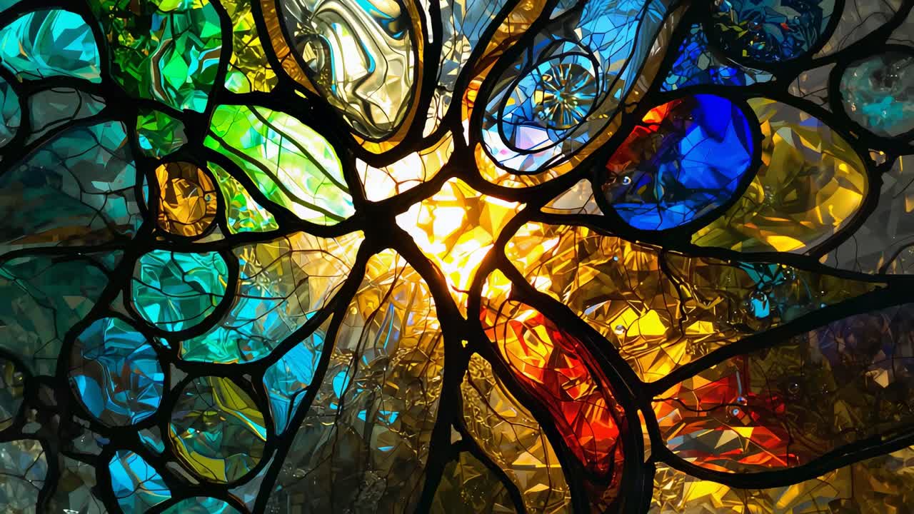 Shifting sunlight illuminating stained glass panel at art installation, revealing vivid hues