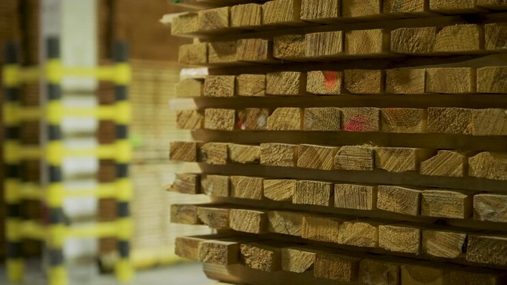 Close-up of Stacked Wooden Planks in a Warehouse