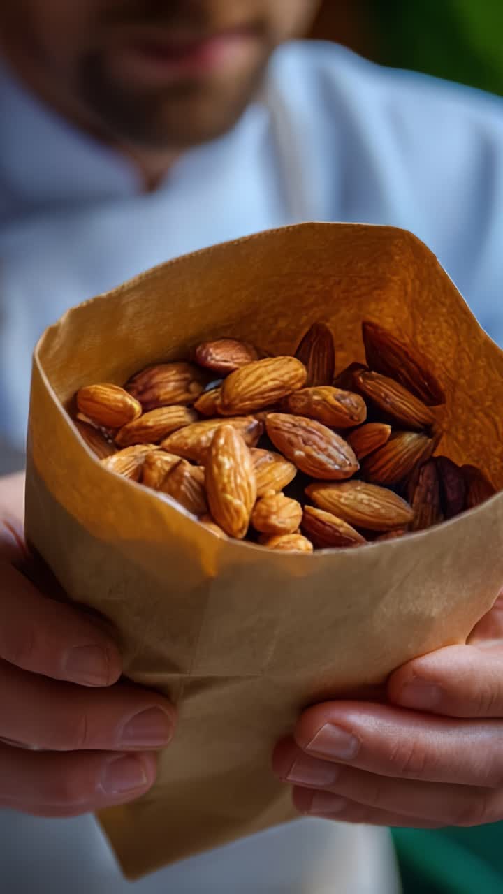 Close-Up of a Person Holding a Brown Paper Bag Filled with Delicious, Roasted Almonds, Showcasing the Nuts' Crunchy Texture and Natural Colors in an Inviting Setting