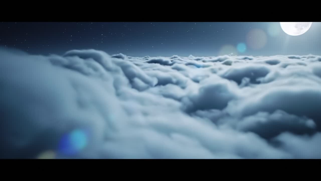 Eine ruhige Nachthimmel-Szene mit sanften Wolken unter einem hellen Mond, die eine friedliche Atmosphäre voller Sterne und verträumter Lichteffekte schafft.