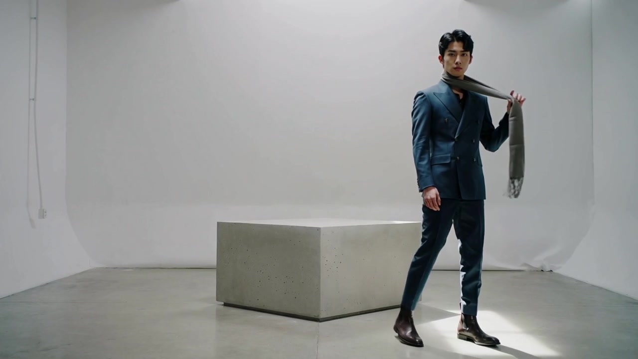 Model pria berjalan mulai dari kiri melintasi studio menuju kubus mengenakan setelan biru menyesuaikan syal abu-abu sambil berpose.
