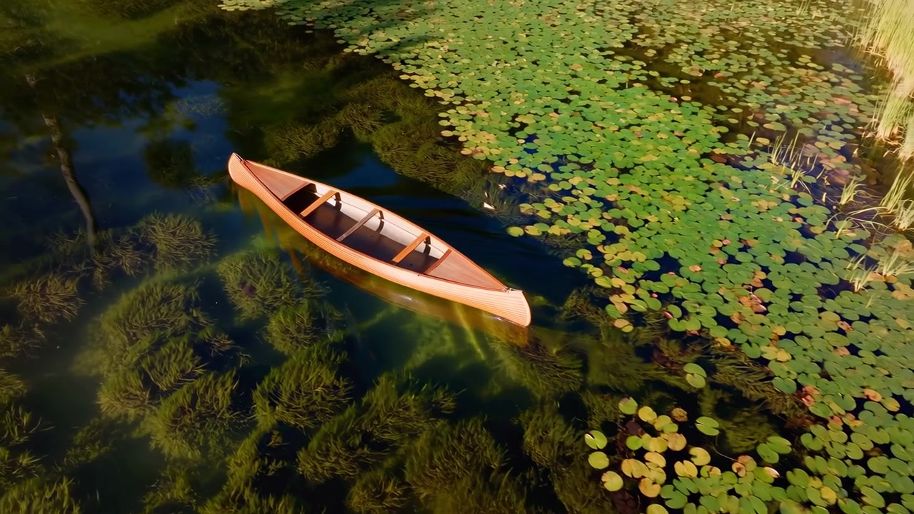 Una singola canoa di legno galleggia su uno stagno calmo pieno di ninfee verdi, incorniciato da alte canne e acqua scura aperta sotto una calda luce solare naturale.
