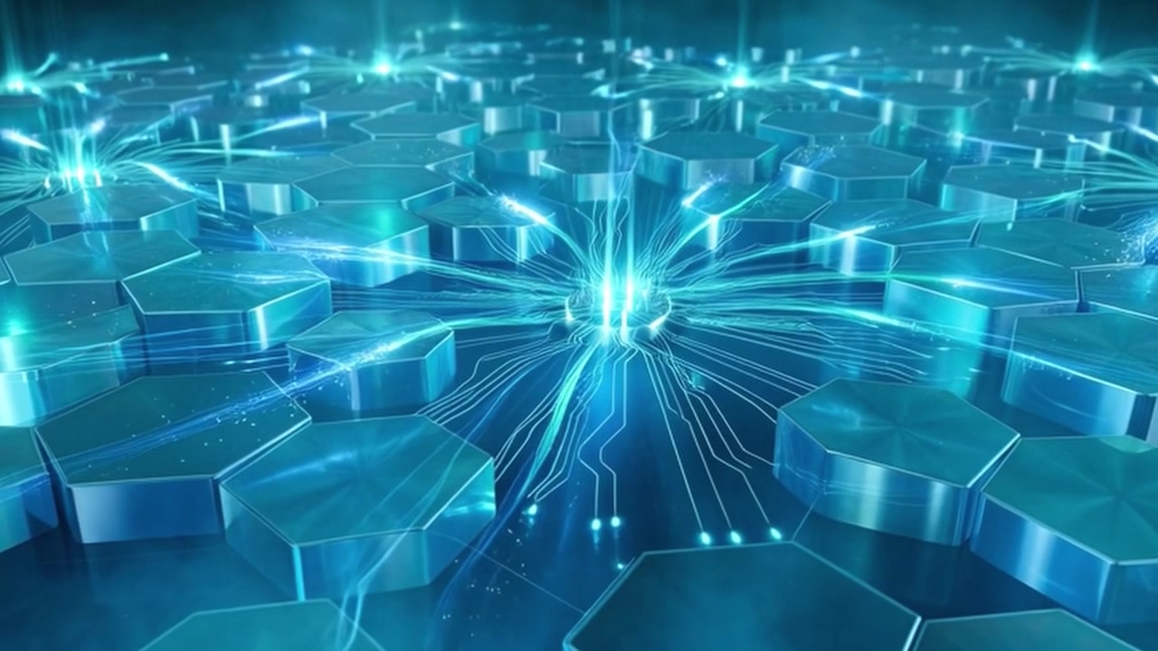Abstract Digital Network with Glowing Hexagonal Nodes and Data Connections