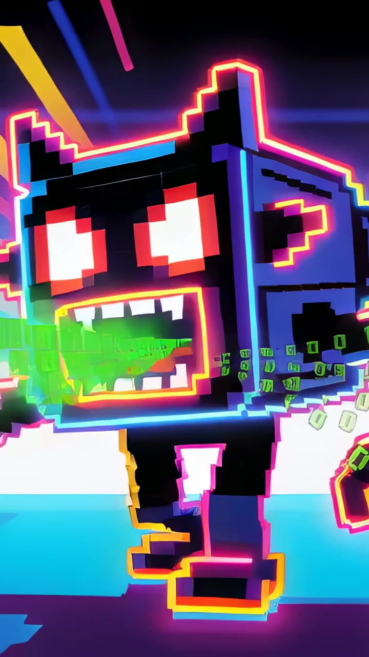 Vertical video: Opening mouth pixel cube ejecting green bills on cyan grid, magenta hand scattering