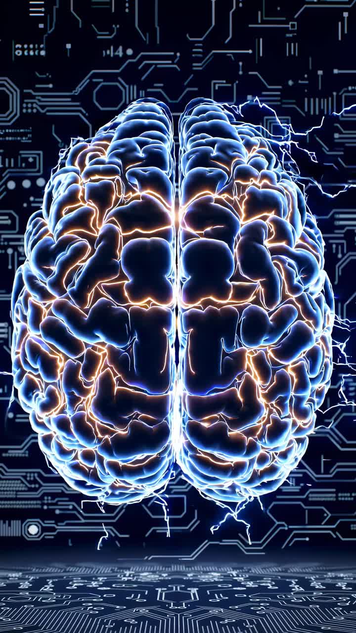 Futuristic video concept of a glowing brain with electric currents, viewed from a front angle, set