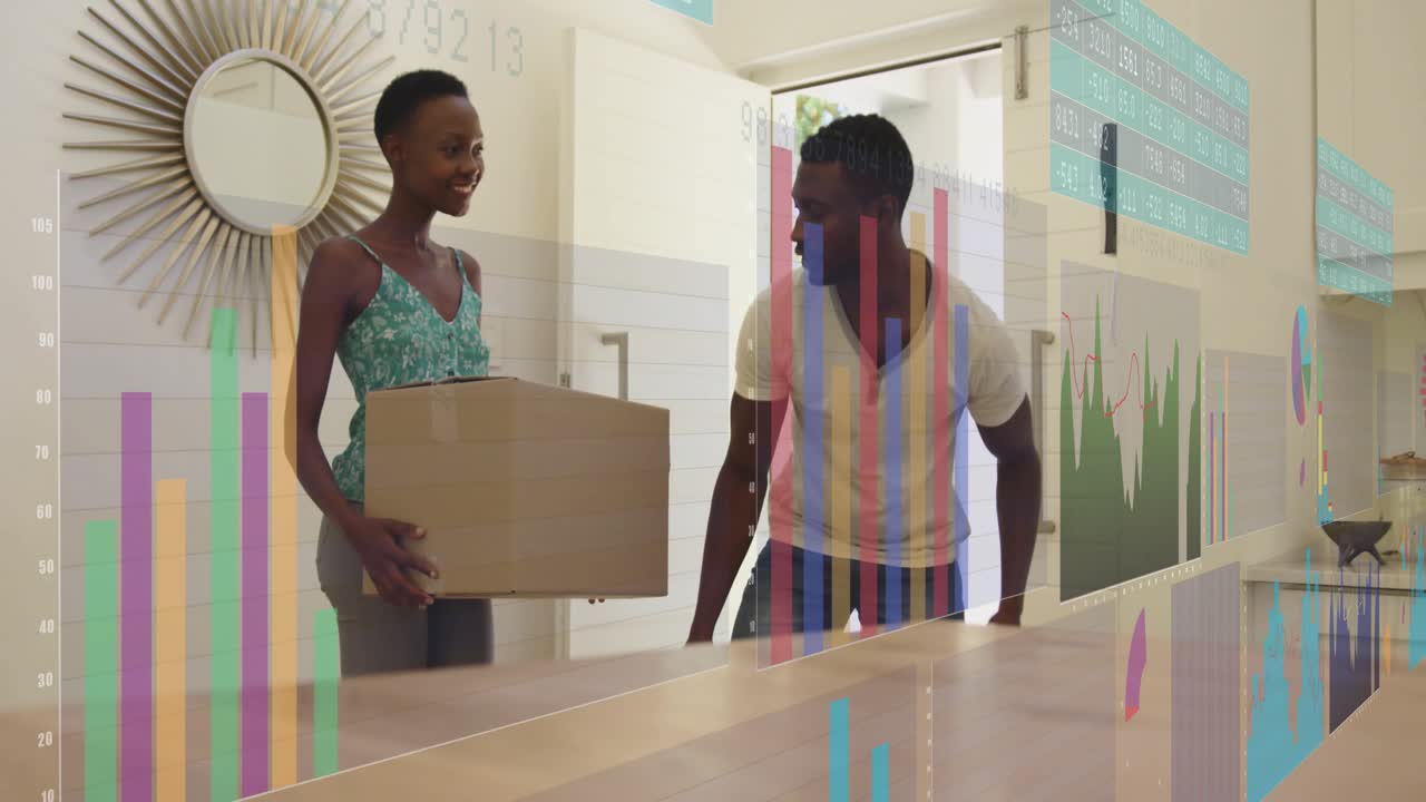 Couple entering home with boxes moving in checking tags passing while animated charts over counter