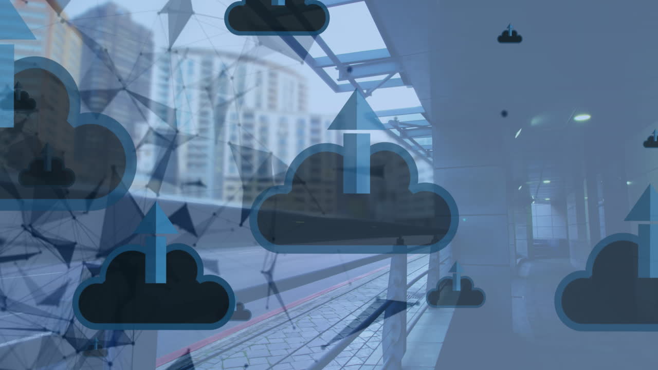 도시 풍경 위의 아이콘으로 연결된 네트워크의 애니메이션