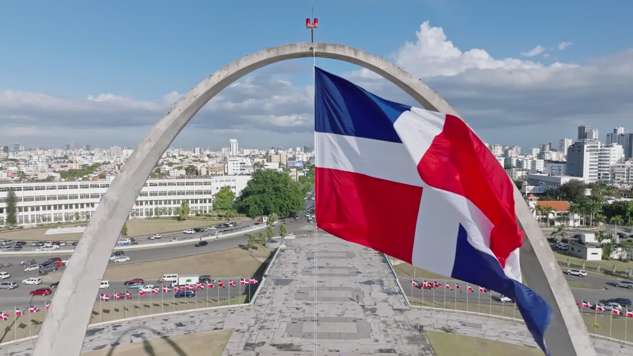 Close-up of flag waving in the wind, Santo Domingo city in Dominican Republic