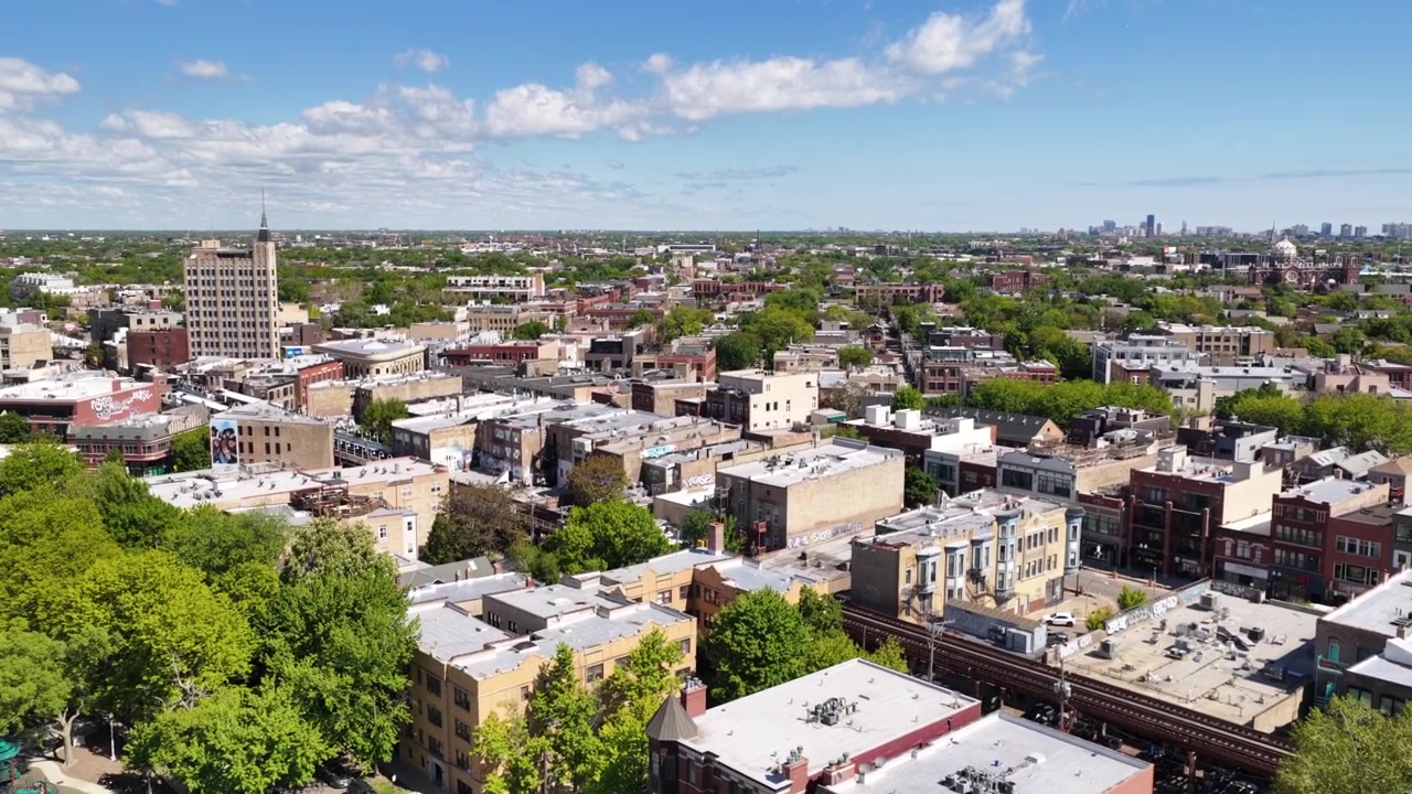 Filmato con drone del quartiere Wicker Park a Chicago, che si alza da dietro gli alberi, con vista sulla città e che ritorna al parco.