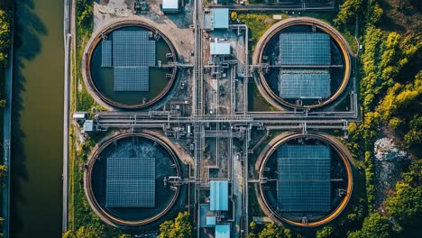aerial view of a modern wastewater treatment plant with solar panels