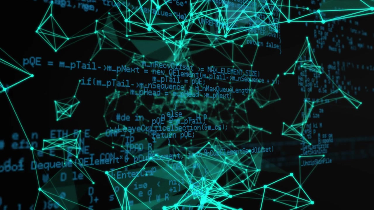 Sparse nodes appearing, teal mesh net growing, forming, camera zooming, code shifting showing flow