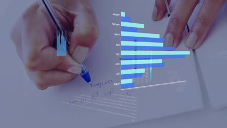 animation of financial data processing over caucasian businesswoman writing