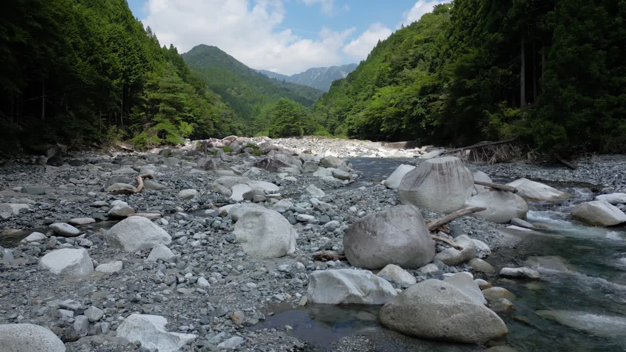 Stunning low drone forward flight over stunning natural river scenery in forest