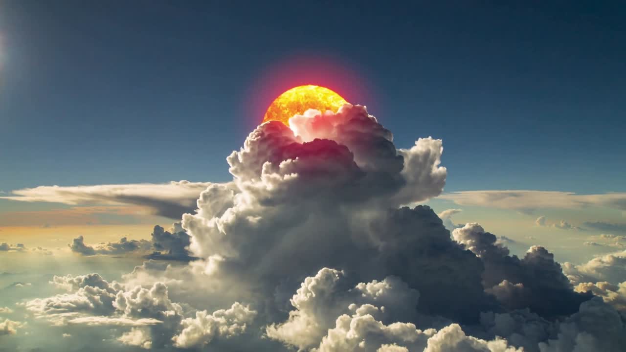 Matahari terbenam di balik awan menjulang, pemandangan cuaca menunjukkan pencahayaan tepi dan siluet terbentuk