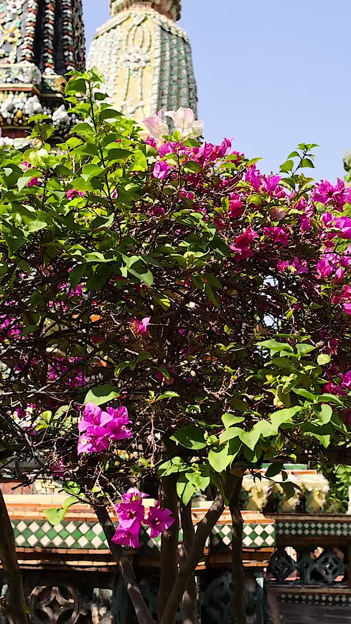flores vibrantes y agujas de templos en bangkok