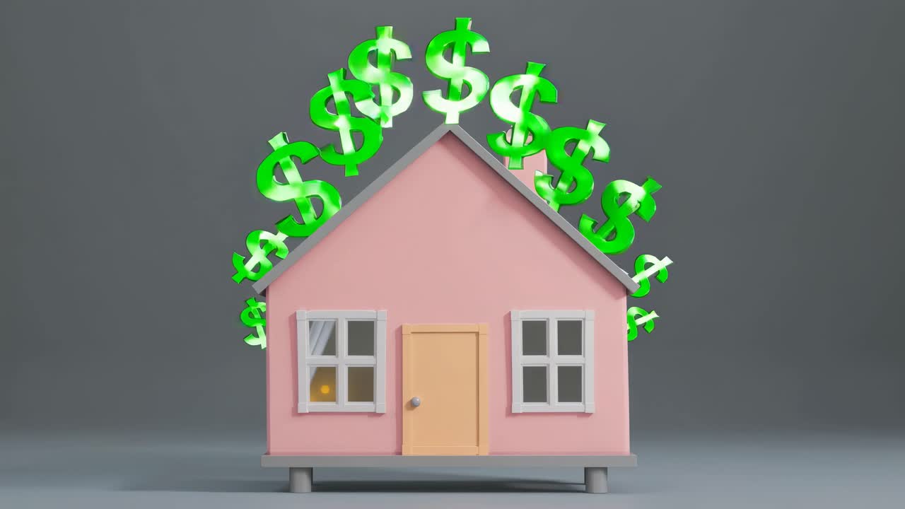 A video still of a pink house with floating green dollar signs, shot from a straight-on angle