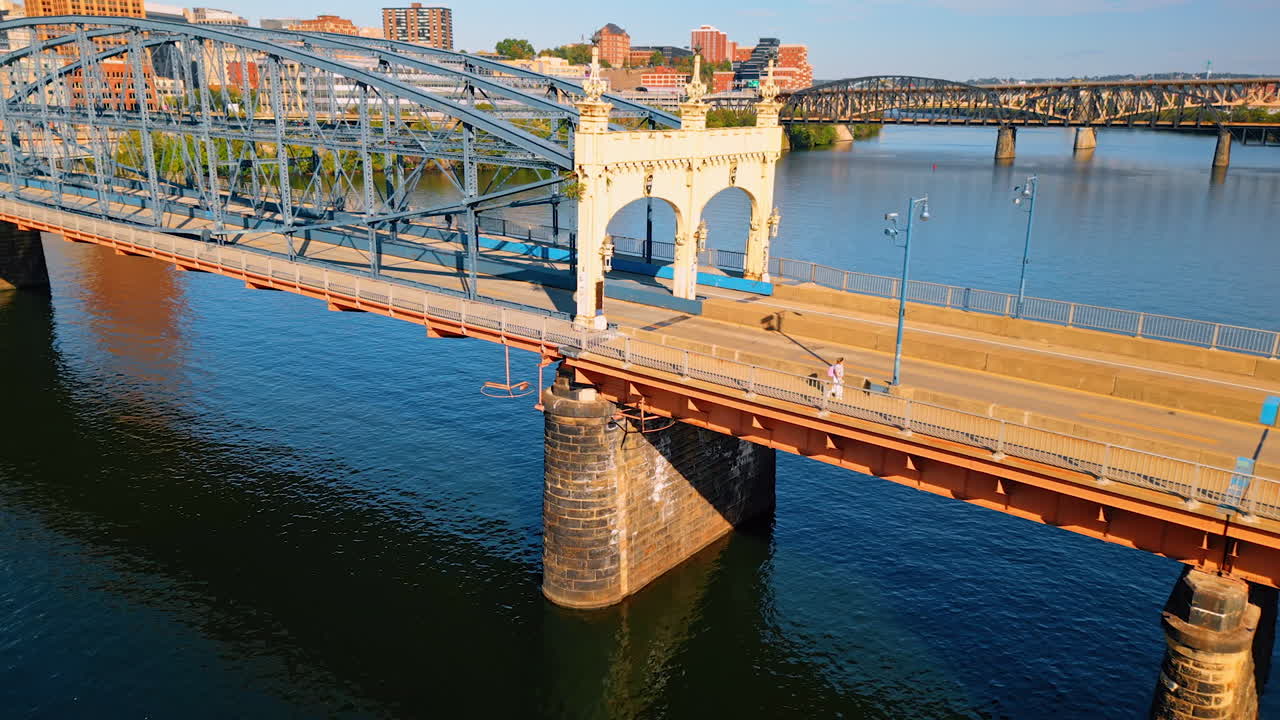 Piyysburgh, USA, 3 August 2025: Historic bridge in Pittsburgh over the river. Close view of a historic bridge in Pittsburgh spanning across the river