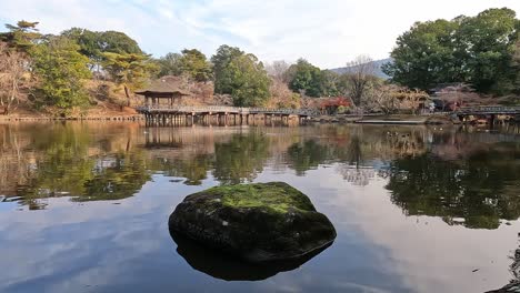 Hermosa-Roca-Cubierta-De-Musgo-En-Un-Lago