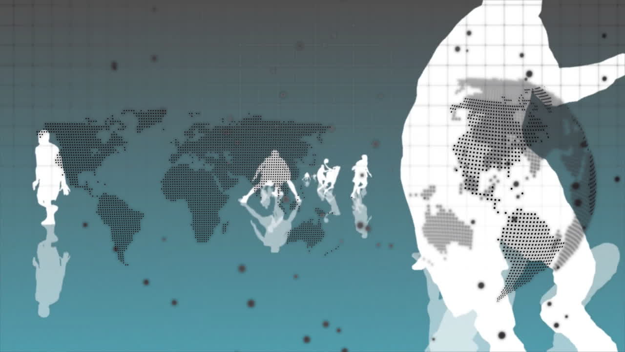 Walking over world map with digital grid, silhouettes creating animation effect