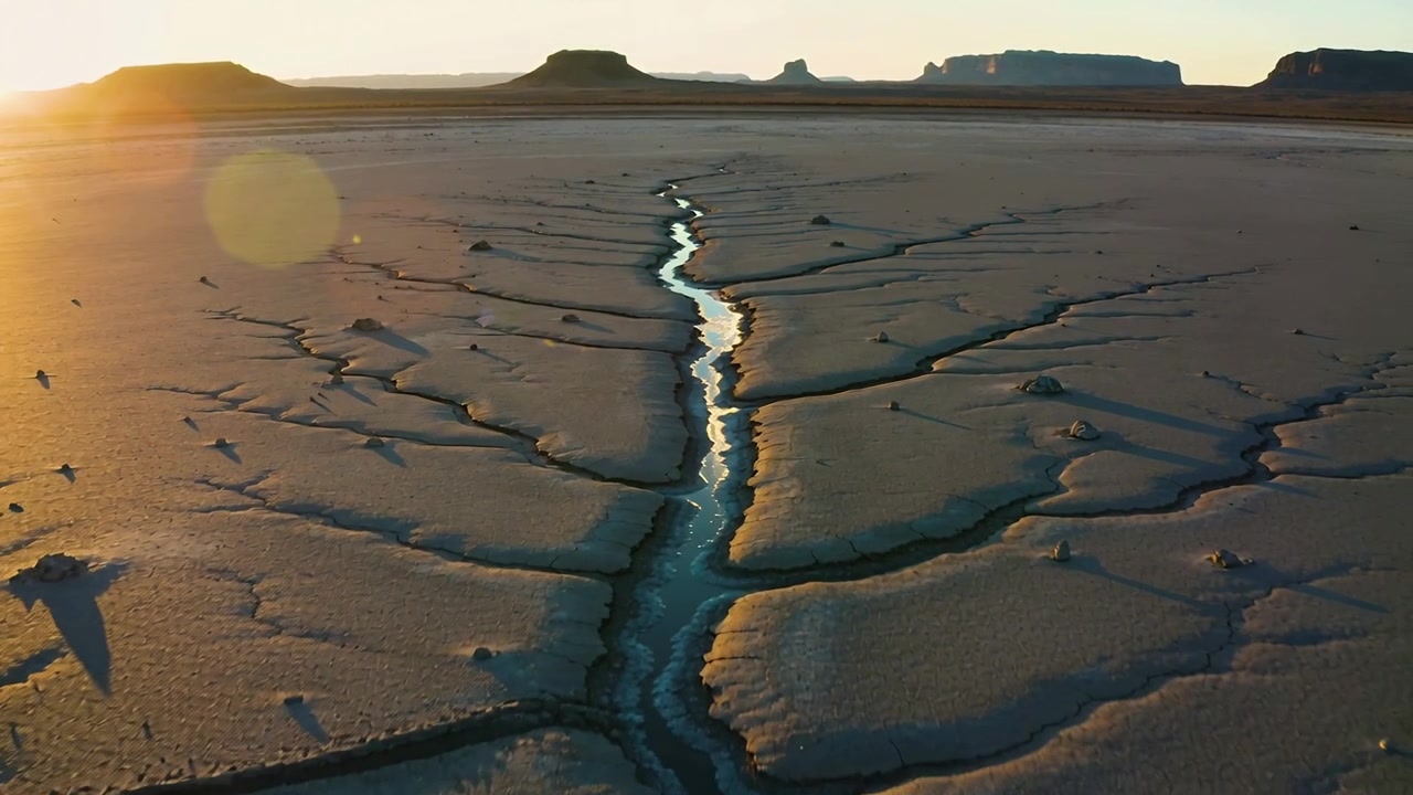 Moving camera revealing narrow central fissure on cracked flat, showing reflective water and flare