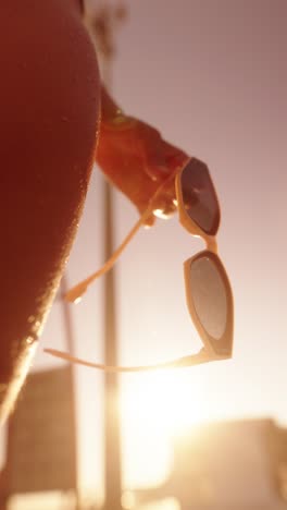 Sunglasses in hand under the sun